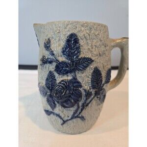 Antique Utica Pottery Stoneware Pitcher Blue Raised Rose Pattern 1800s - As Is